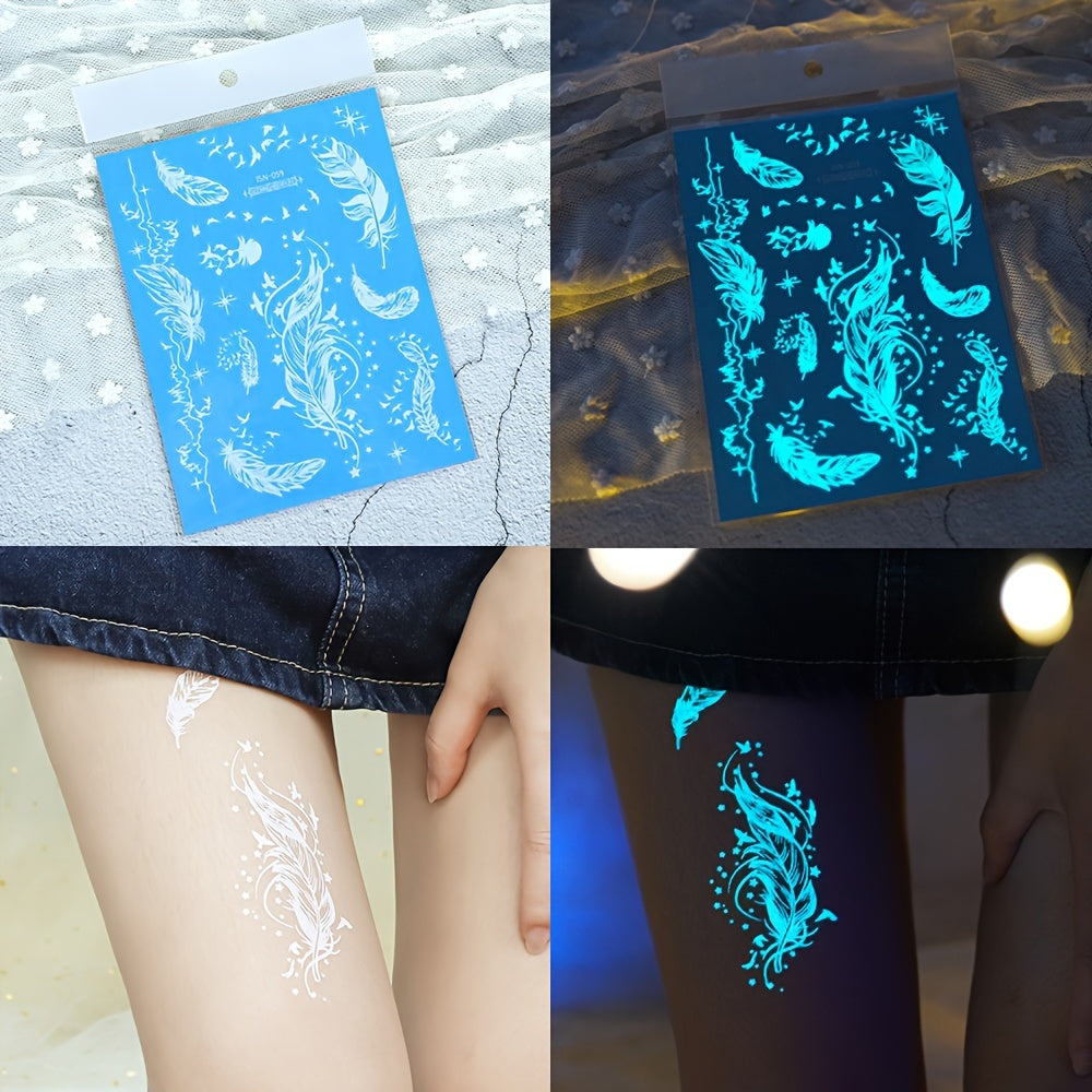 Blue luminous feather and snake tattoo stickers for women and girls, featuring white design. Fake bracelet, necklace, and face, chest, arm, hand, and finger tattoos that glow in the dark.