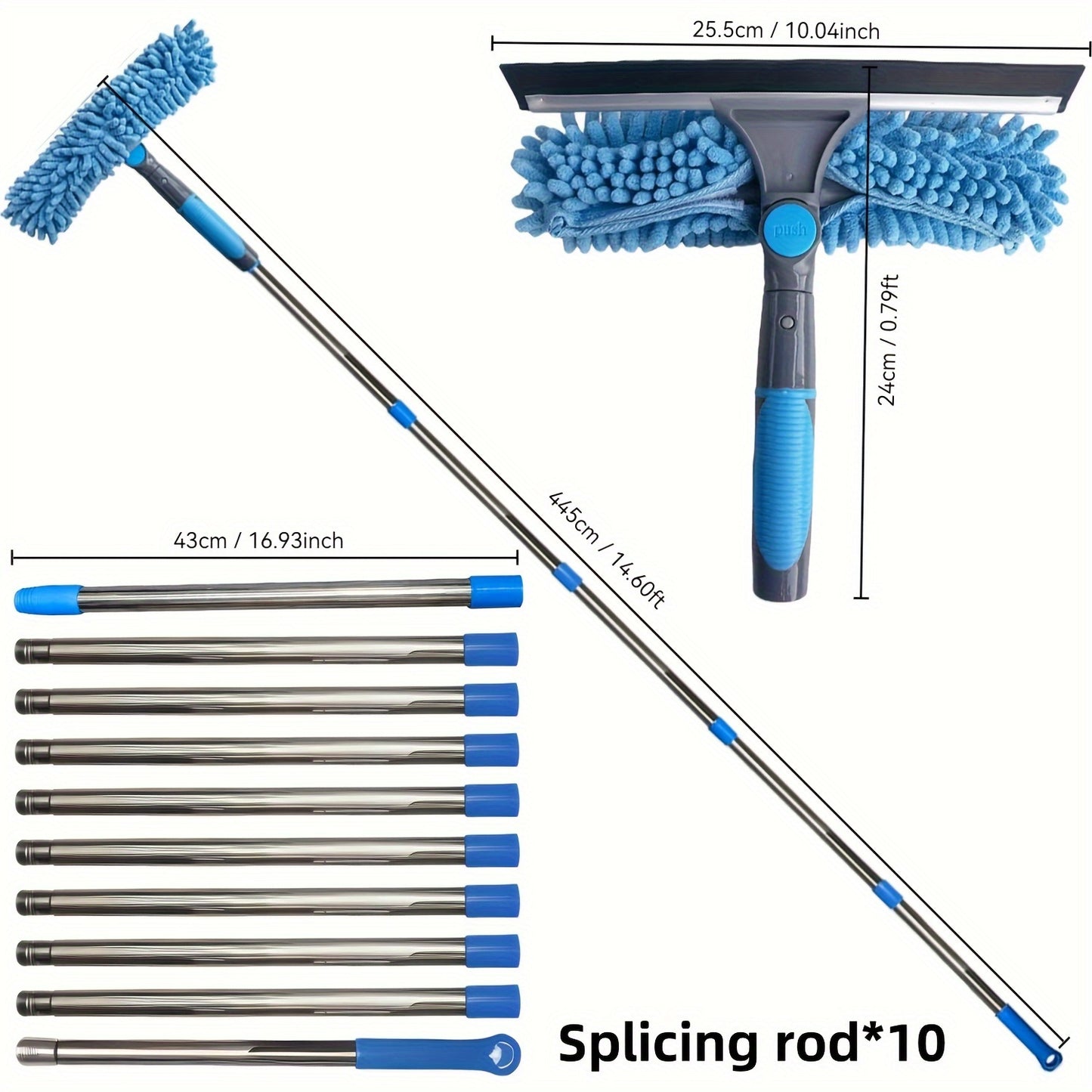 High-rise 2-in-1 window cleaning kit with 10 extension rods, reusable microfiber pad, no power needed. Great Mother's Day gift.