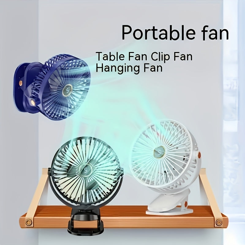 Compact LED Display Mini Desk Fan with USB Charging Clip, Night Light Feature - Quiet High-Speed Motor, Long-Lasting Battery for Office, Fishing, Camping, and Travel.