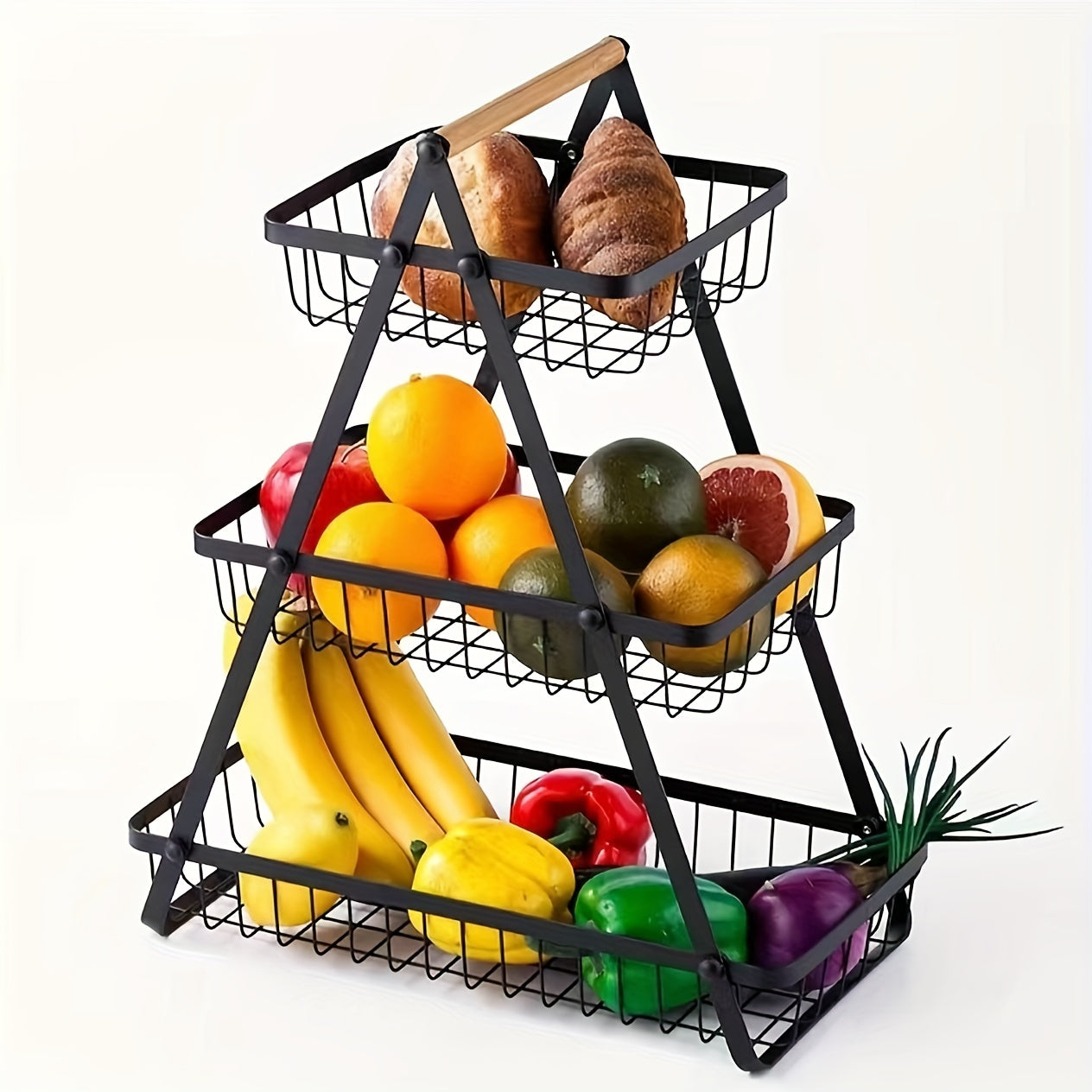 A contemporary metal fruit and vegetable basket featuring a detachable bowl-shaped storage compartment and a wooden handle for kitchen organization. Ideal for gifting during Christmas or Halloween, this handy organizer can be used on the countertop or in