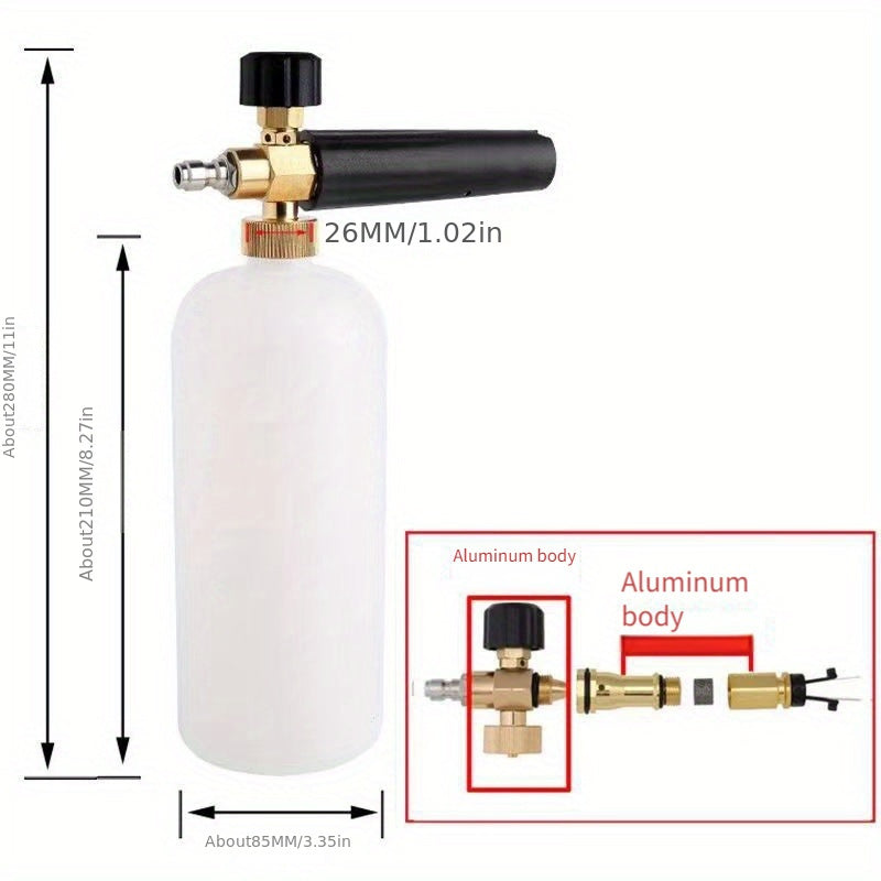 Foam Cannon with adjustable snow foam gun and thick foam for vehicles. Includes quick connector and 1 liter bottle.