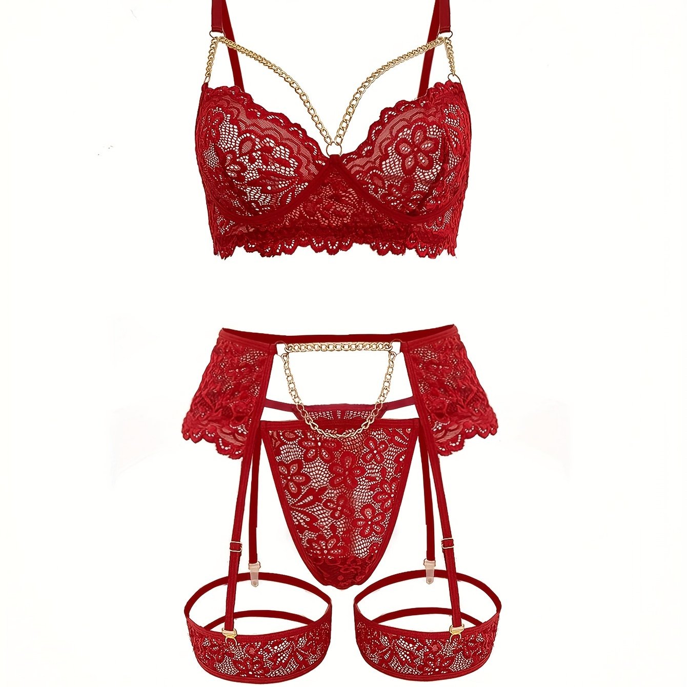 3-piece sexy lingerie set with flower lace detailing, golden chain accents, a see-through bra, thong, and garter belt.