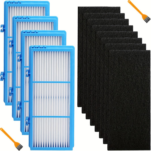 14-piece air filter kit compatible with Holmes AER1 models, includes 4 HEPA filters and 8 activated carbon pre-filters. Captures 99.97% of particles with blue-framed design for improved airflow. Fits multiple models including HAPF30AT, HAP242, and