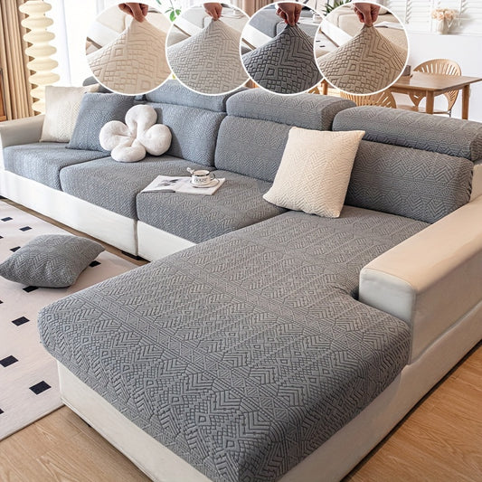 Boho Stretch Sofa Cover made of elastic polyester and spandex, pet-friendly, machine washable, fits various sofa sizes.