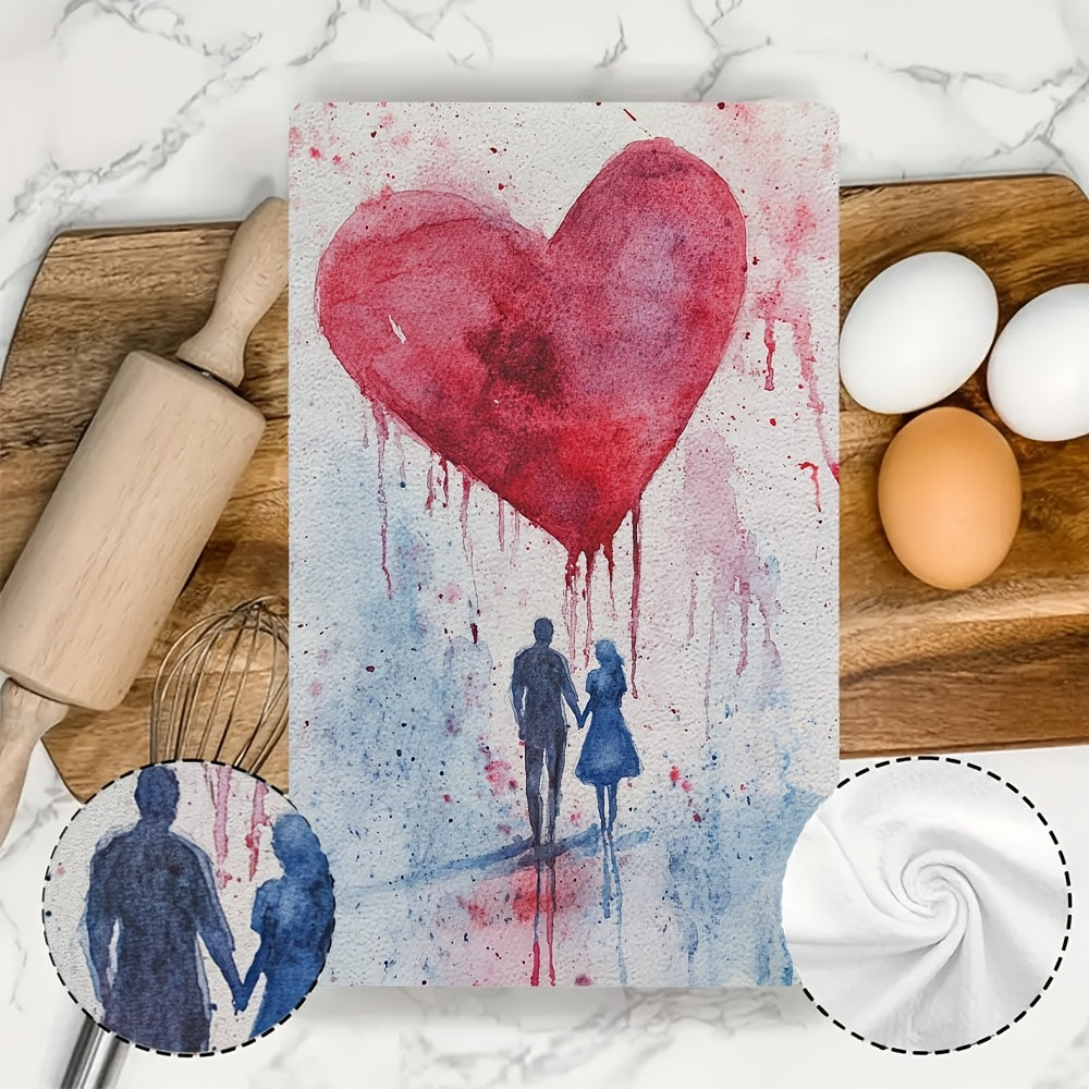 Get cozy with this set of 2 Romantic Valentine's Love Kitchen Towels, made from ultra soft and highly absorbent polyester. Measuring 40.64x60.96 cm, these dish hand towels feature a watercolor heart and couple design perfect for holiday decor. Machine