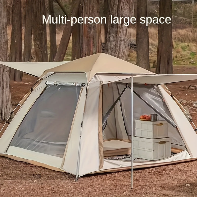 Portable and foldable 6-person family camping tent with automatic setup, ventilated sunshade, and all-season polyester fabric.