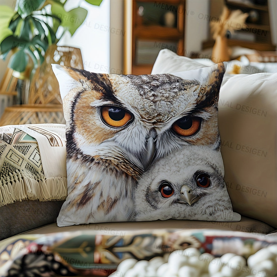 Adorable owl illustration throw pillow cover, 44.96x44.96cm, perfect for living room and bedroom. Machine washable polyester with zip closure. Insert not included.