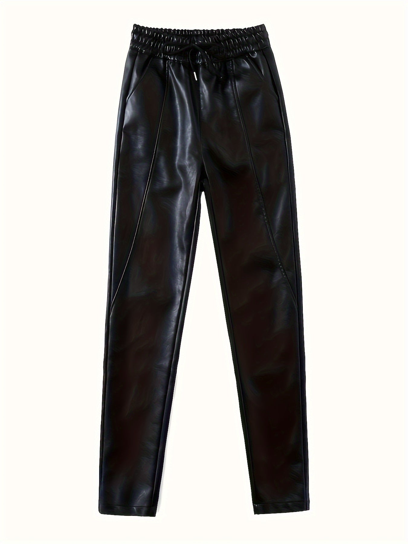 Winter women's faux leather lounge pants with fleece lining, drawstring waist, and pockets.