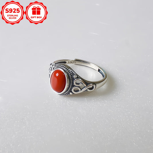 A stylish women's ring with a retro ethnic design, featuring a 925 Silvery inlay and a synthetic red coral stone. Ideal for both everyday wear and special occasions, making it a great gift for Christmas or Valentine's Day.