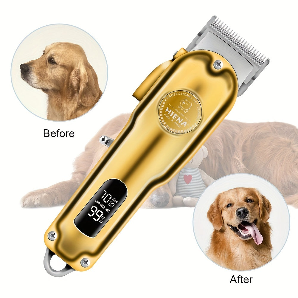 High-quality, rechargeable, cordless dog clipper with LED display screen, suitable for large dogs, low noise.