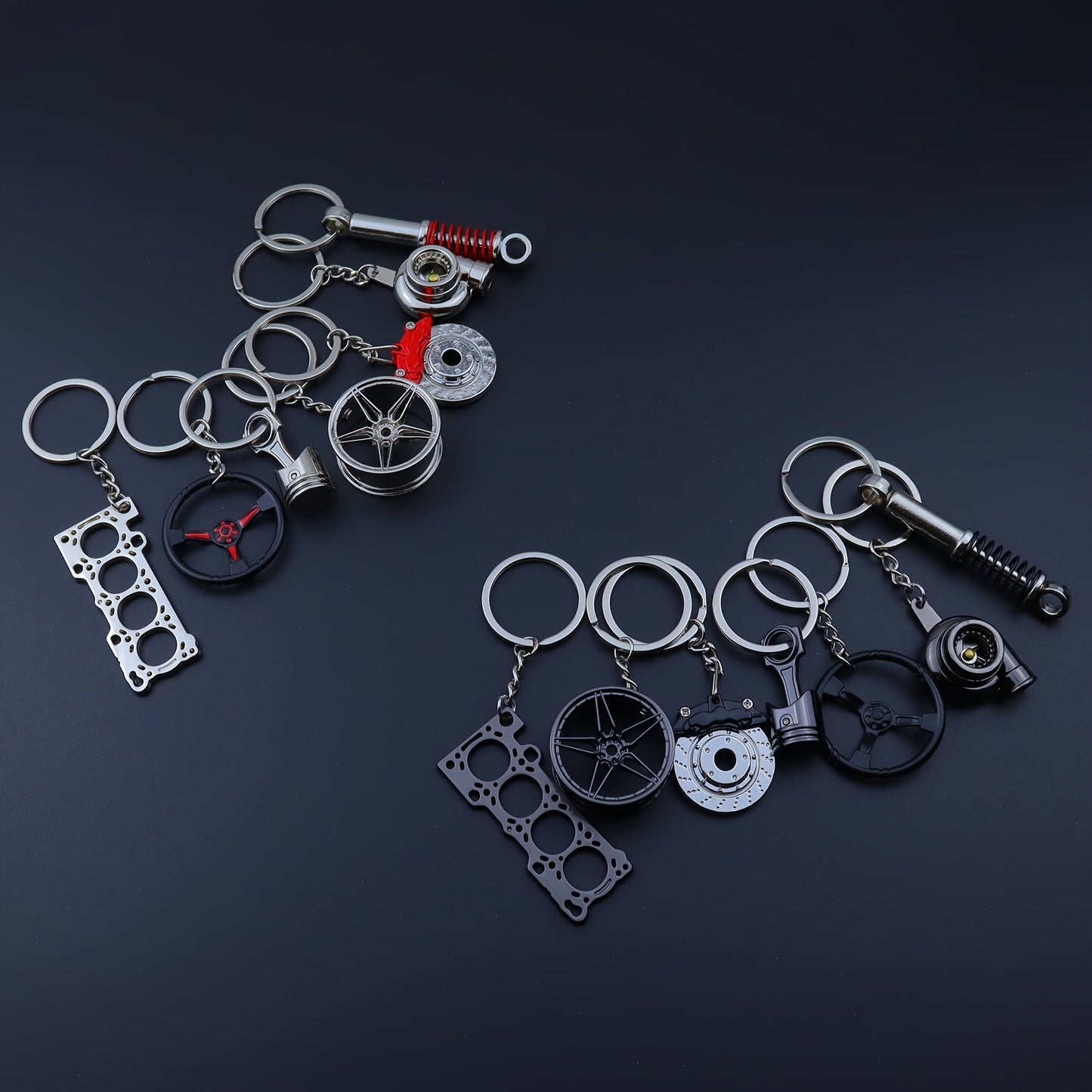 Set of 7 Car Enthusiast Keychains - Sleek Black Zinc Alloy, featuring Engine Block, Turbo, Wheel Hubs, and More - Ideal Gift for Guys