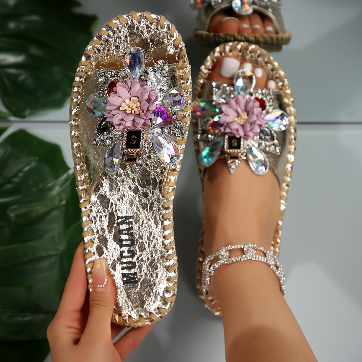 Floral Rhinestone Sandals crafted by hand