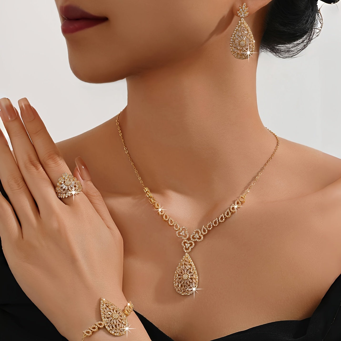 Exquisite Gold-Plated Teardrop Jewelry Set for Women - Featuring Necklace, Earrings, Bracelet, Ring - Ideal for Special Occasions and Everyday Wear, Includes 5 Pieces