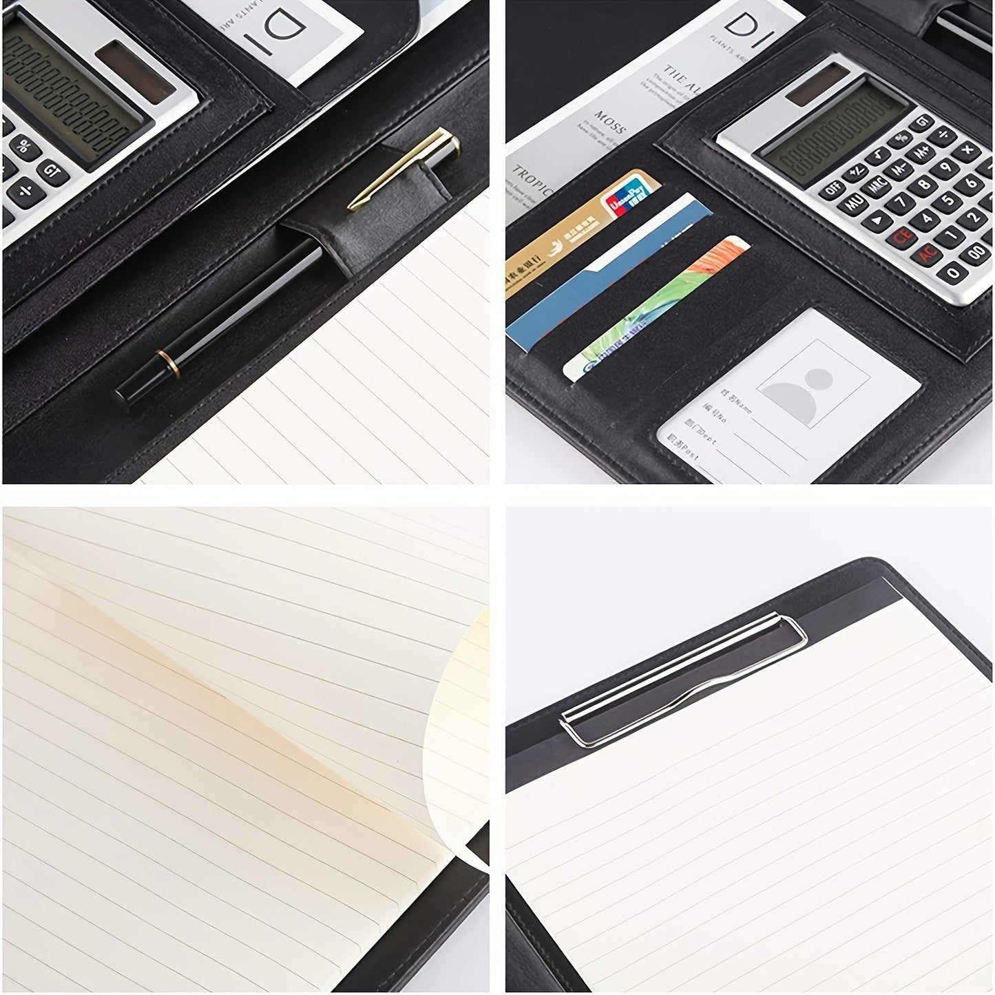 Black faux leather clipboard folder with resume & interview organizer, business card holder, pen loop, smartphone pocket - professional office accessory kit.