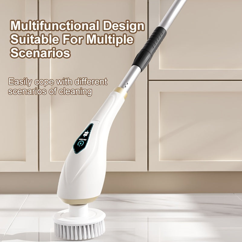 Set of 8 Multi-Functional Electric Cleaning Brushes, featuring Cordless 2-Speed Rotating Scrubber with Adjustable and Detachable Handle. Includes Replaceable Brush Heads and is designed for use in the Bathroom, Toilet, Tile, and Floor. Equipped with a