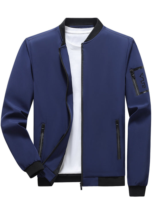 Men's stylish gray and black color block jacket with baseball collar. Lightweight polyester, zip-up outerwear for fall.