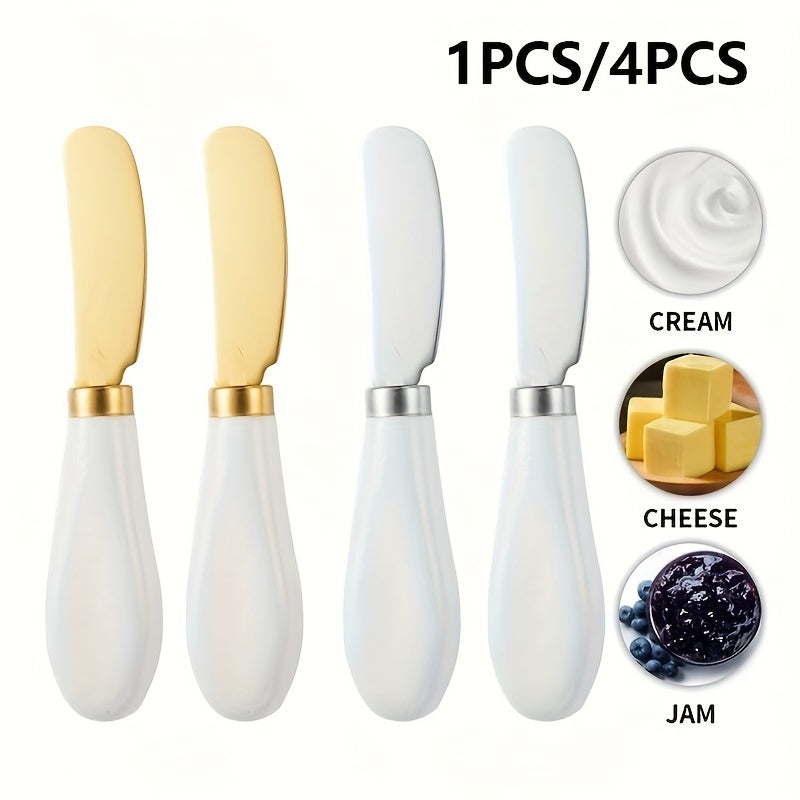 Stainless steel cheese knife set with ceramic handles for spreading butter, jam, cream, and cutting bread or cake.