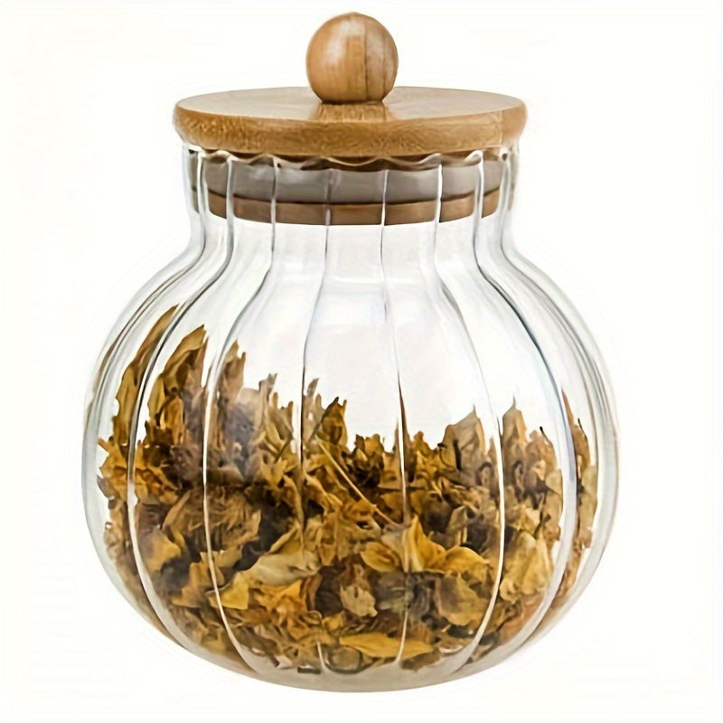 Glass storage jar with bamboo lid featuring stripes - perfect for storing tea, snacks, seasonings, and candy in the kitchen or dining room. Can be used multiple times.