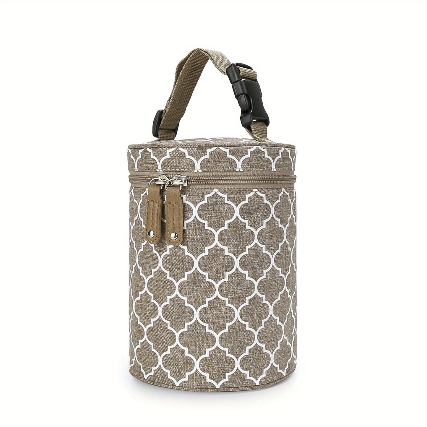 Stylish portable breast pump bag with insulated round bucket design for keeping meals fresh on-the-go, can be hung on stroller.