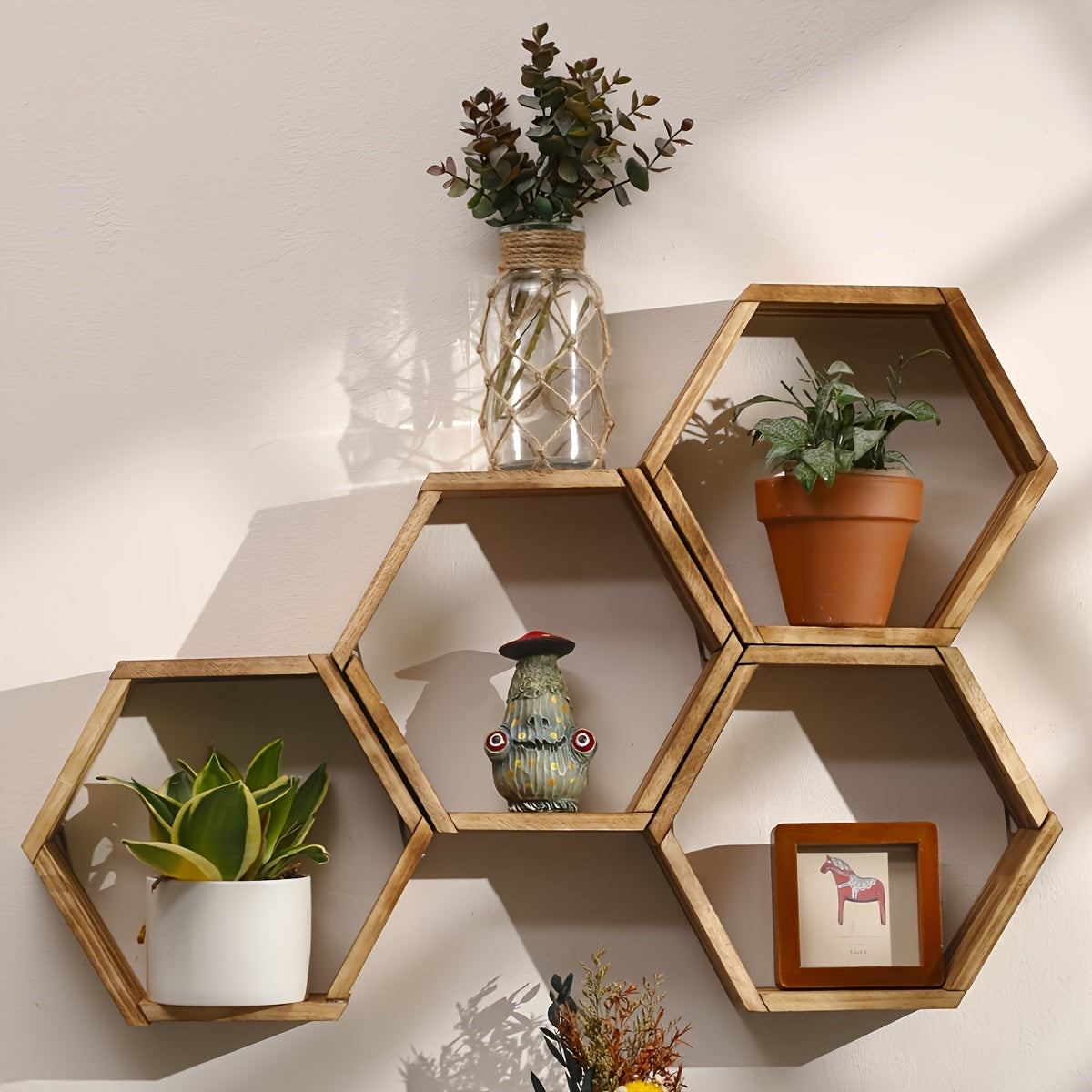 Brown Wood Hexagon Floating Shelf- Ideal for Bedroom and Living Room Decor- Wall-Mounted DIY Home Accent