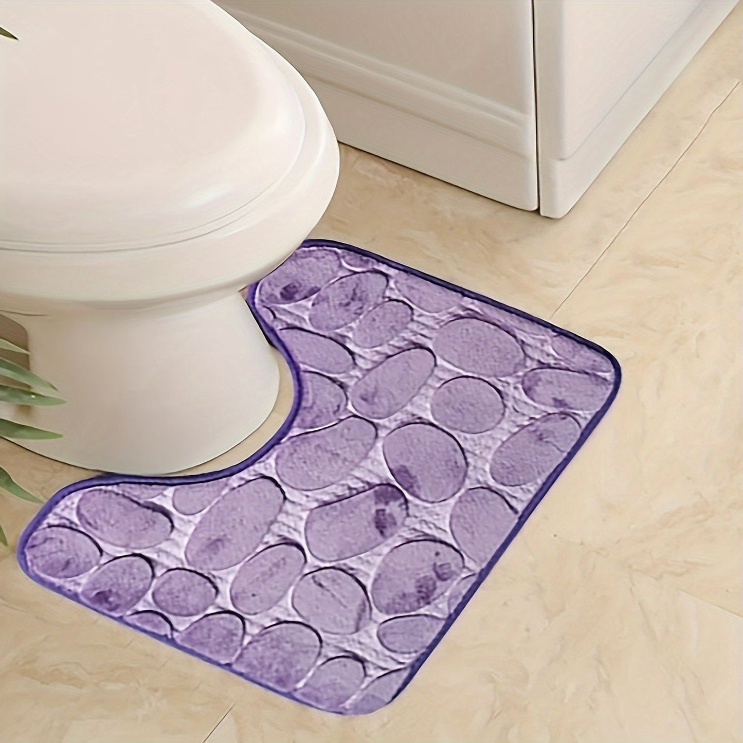 Collection of 1/3 Plush and Highly Absorbent Bath Mats, Including Non-Slip Rugs, U-Shaped Contour Mat, and Toilet Seat Cover. These Mats Feature a Beautiful Floral Embossed Design with Slip-Resistant Backing, Excellent Water Absorption Properties, and