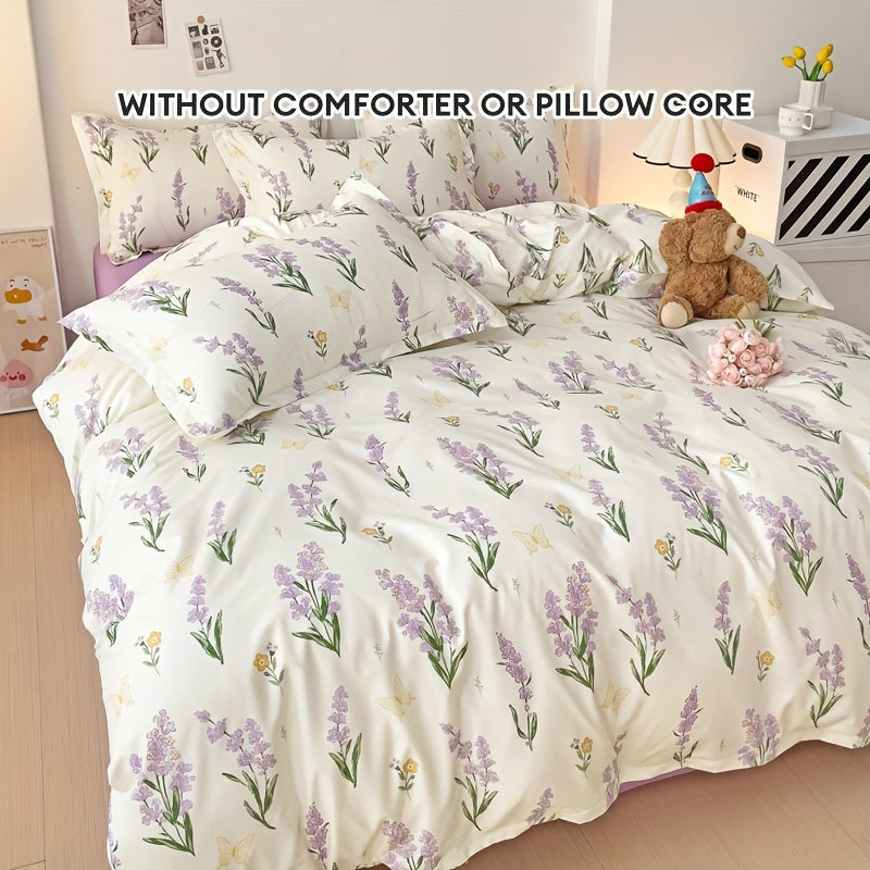 Lavender floral princess style duvet cover set includes flat sheet and 2 pillowcases, no comforter or pillow core.