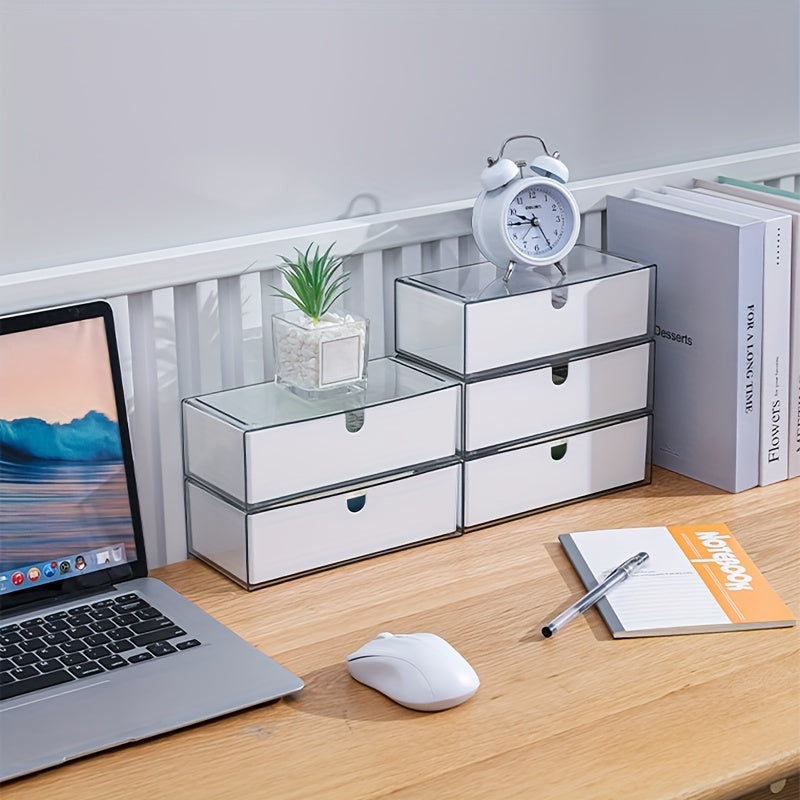 Cosmetics storage box with drawers, stackable design for bathroom and bedroom organization.