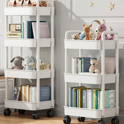 Multifunctional storage cart with wheels for dry and wet use in bedrooms, kitchens, and living rooms. Available in black and white, with two size options.