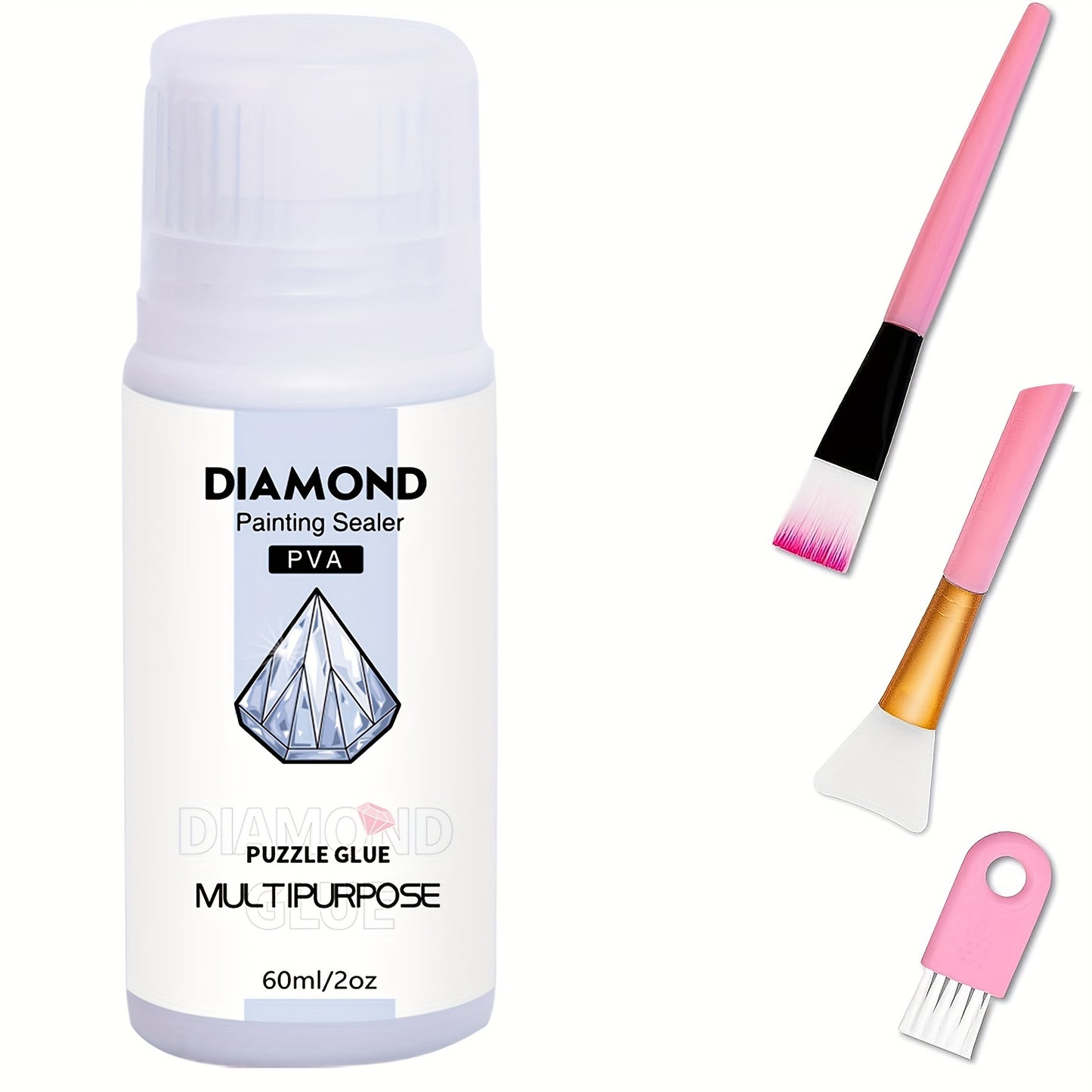 Diamond painting sealer with 3 brushes for permanent hold & shine effect on 5D diamond painting and puzzles, available in 60ml or 200ml.