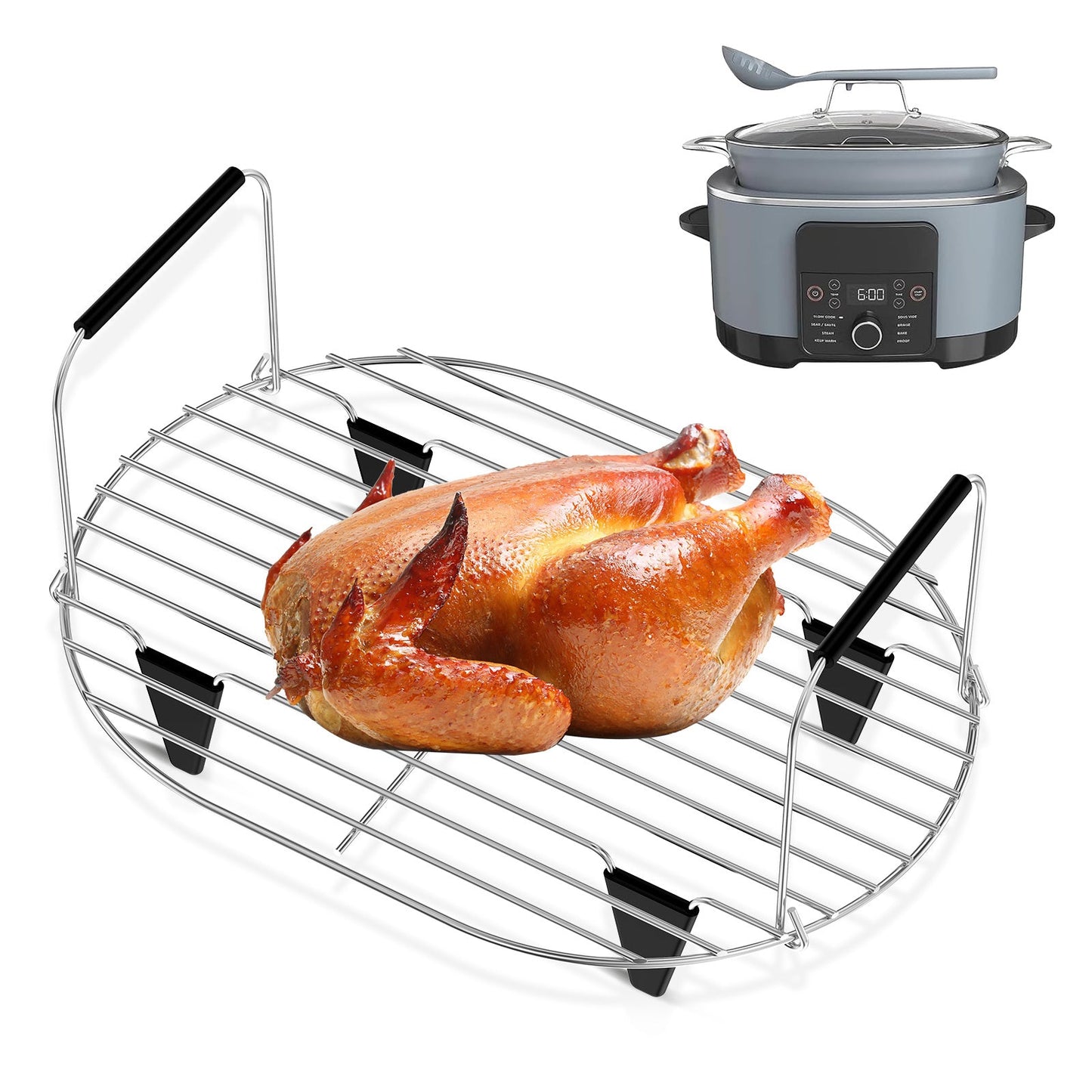 Jetcloud's Stainless Steel Steam and Roast Rack is designed for use with 8.5Qt Slow Cookers. It features a foldable handle, making it easy to store, and is reusable for steaming pot rack. This rack is safe for food contact and is compatible with MC1000