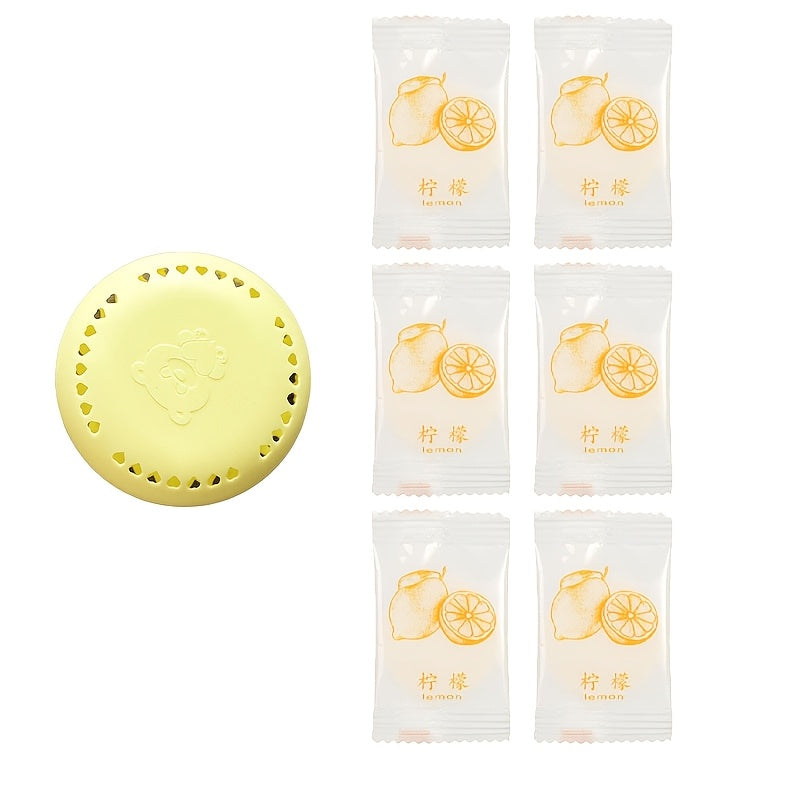 Six fragrance tablets and one box of long-lasting aromatherapy air freshener for use in various settings such as home, car, bathroom, bedroom, wardrobe, and toilet; suitable for ceramic surfaces, self-adhesive, and one-time use.