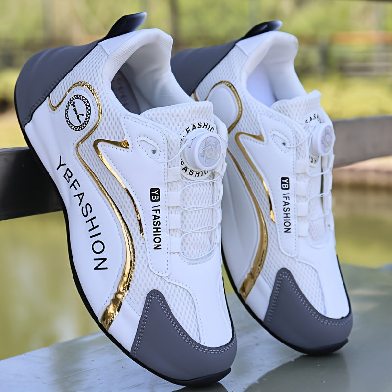 Men's white athletic sneakers with mesh upper, rubber sole, lace-up design, and golden accents, suitable for students and teens.