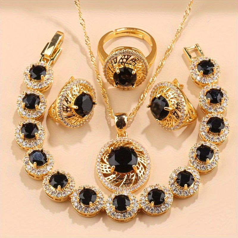 Luxurious Bridal Jewelry Set - 5-Piece Combo with Cubic Zirconia Necklace, Earrings, Ring, and Bracelet featuring Leaf Design - Elegant Copper Accessories for Weddings and Parties, Ideal Christmas Present for Women