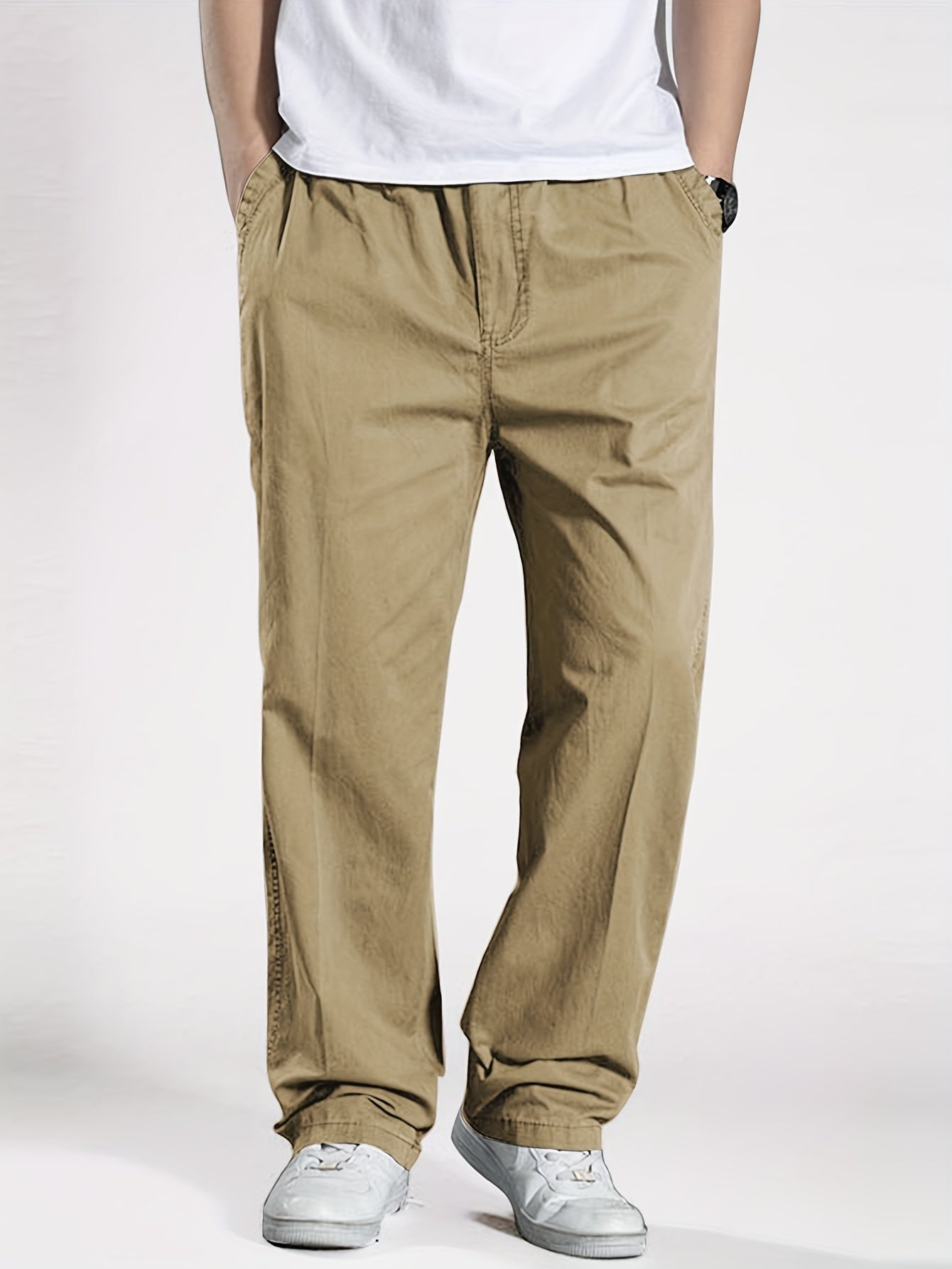 Classic Men's cargo pants with elastic drawstring waist in solid color for Spring/Fall comfort.