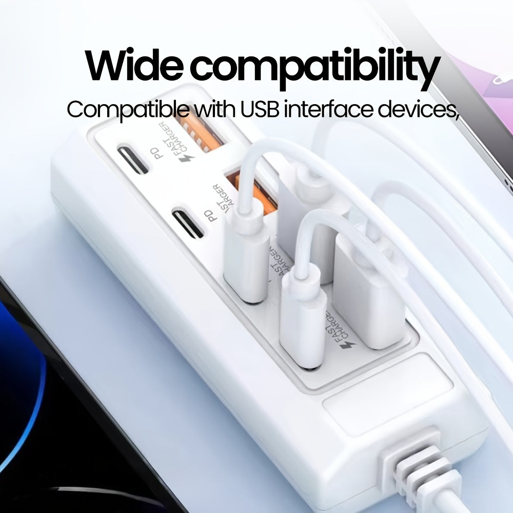 8-port USB adapter with 4 USB and 4 PD ports, 25W fast charging hub compatible with various USB devices and suitable for 5V devices like computers, laptops, and tablets.