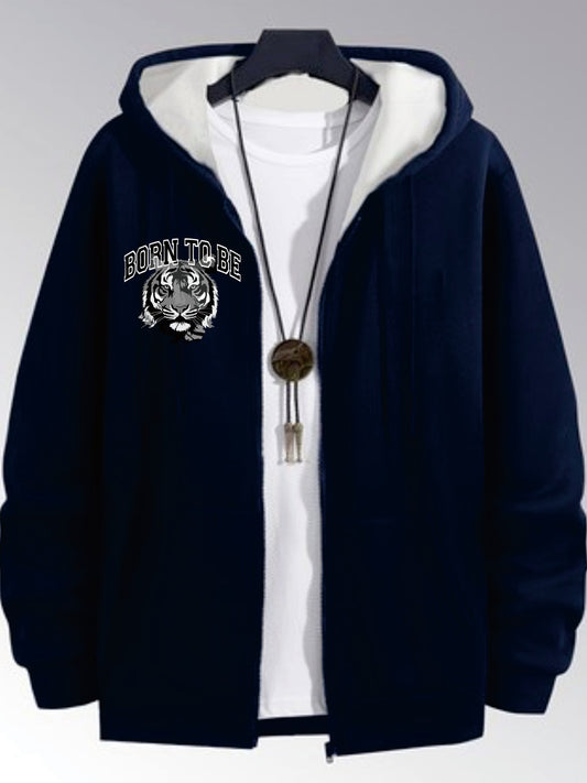 Plus size navy blue tiger head print hooded jacket with pockets, drawstring, and ribbed cuffs. Machine washable polyester.