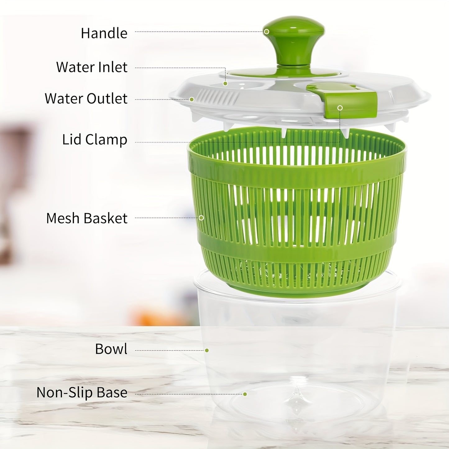 Plastic salad spinner with filter basket for drying salad, fruits, and vegetables in the kitchen. No electricity needed, includes rotating bowl and mesh basket.