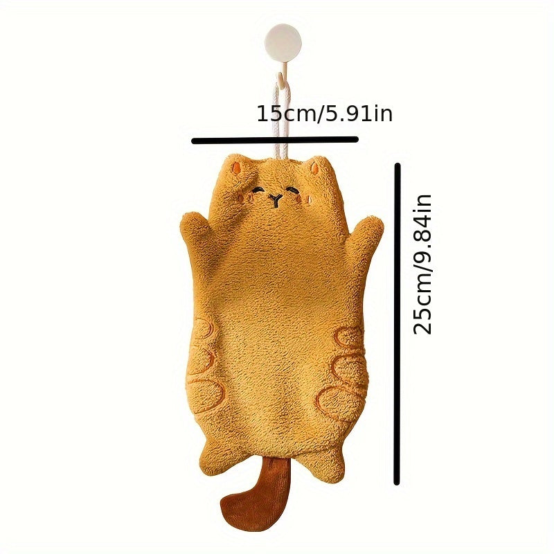 Cute cat fingertip towel made from durable polyester fabric, quick-dry and absorbent for kitchen or bathroom use, featuring a fun cartoon design and coral fleece embroidery.