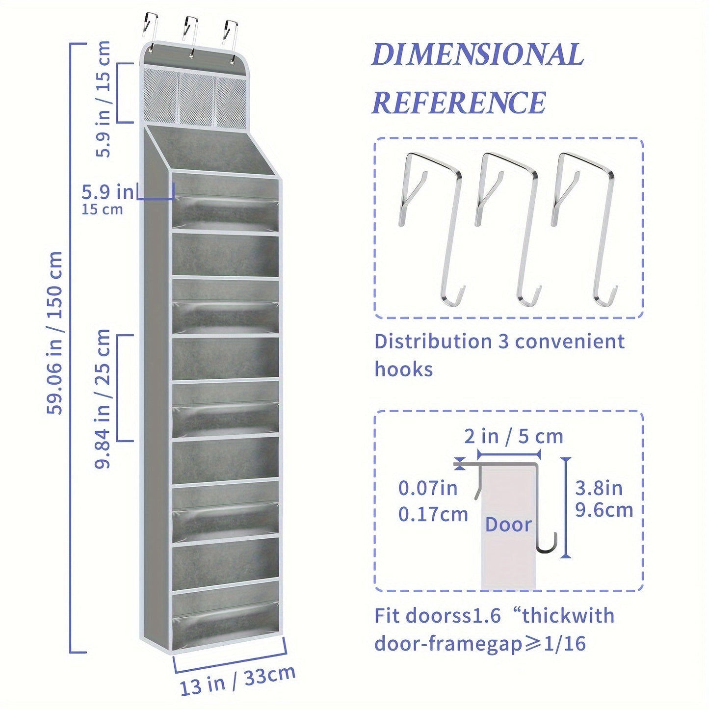 Door hanger with clear windows offers large capacity and versatility for organizing toys, clothes, and miscellaneous items. Its foldable design ensures easy storage, while the edges are oil-free and without any print for a clean look. Ideal for women's