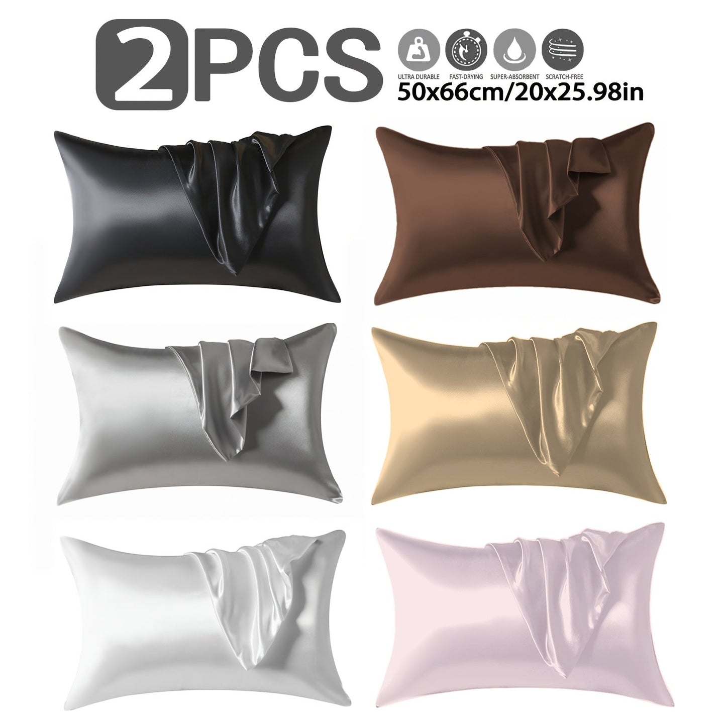 Two pieces of luxurious satin pillow covers measuring 50.8x66.04cm. These covers are silky soft, breathable, and skin-friendly with an envelope closure. They are machine washable and come in assorted colors (inserts not included).