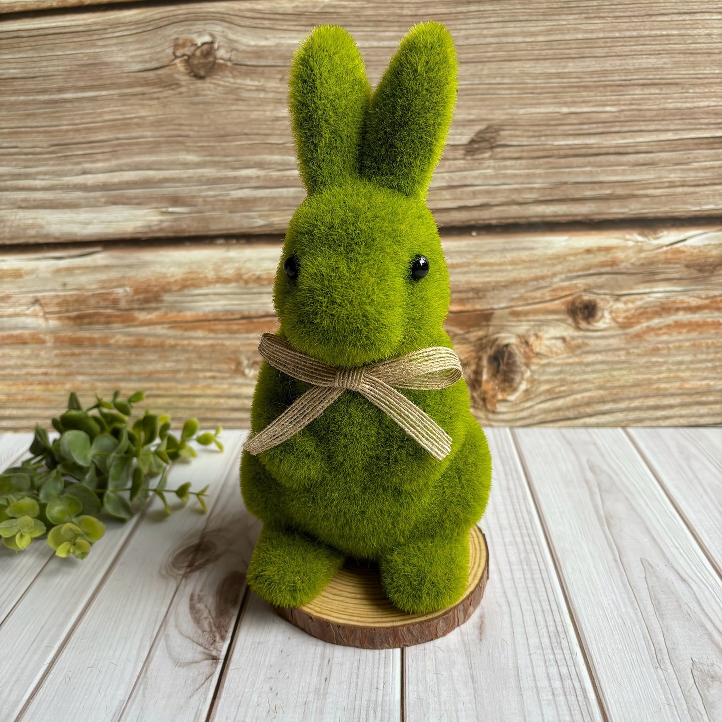 Charming 16.76cm Green Flocked Bunny Statue for Easter and Spring Garden Decor, with Ribbon Accent. Perfect for Holiday Celebrations and Home Yard Display.