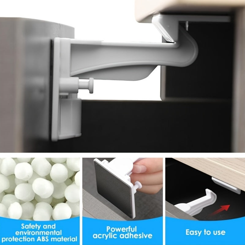 This set includes 8 child safety cabinet latches made of ABS material that is phthalate-free. They are easy to install with no drilling required, providing a secure fit. The invisible locks are perfect for drawers and countertop overhangs, recommended