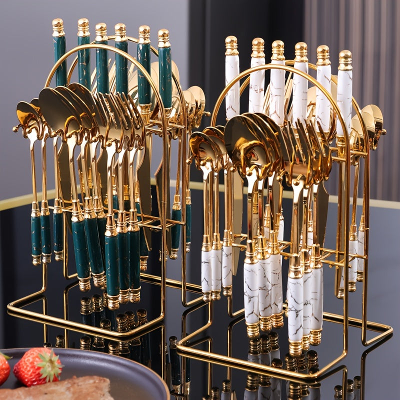 24-piece stainless steel tableware set with ceramic handles for steak knife, fork, spoon, dessert spoon, suitable for use in hotels, restaurants, and western table settings.