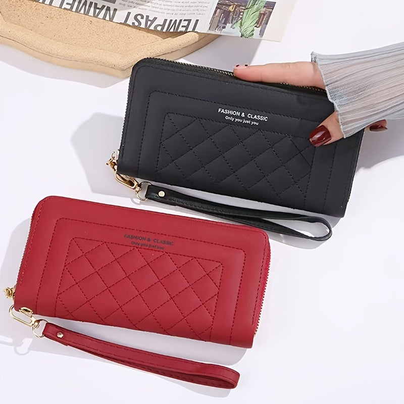 Quilted clutch wallet for women in burgundy/red/black faux leather, with wristlet, zipper closure, and organized compartments for daily use and evening phone storage.