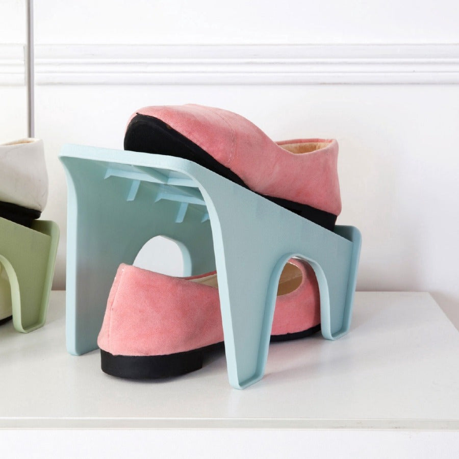 Plastic Shoe Storage Shelf with Two Tiers for Neatly Organizing Footwear in Your Closet.