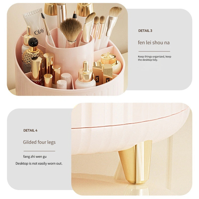 Stylish minimalist desktop makeup organizer rotates 360° with large capacity, 3 color options, and sturdy golden base. Holds lipsticks, lotions, pencils, and brushes with 7 large slots for