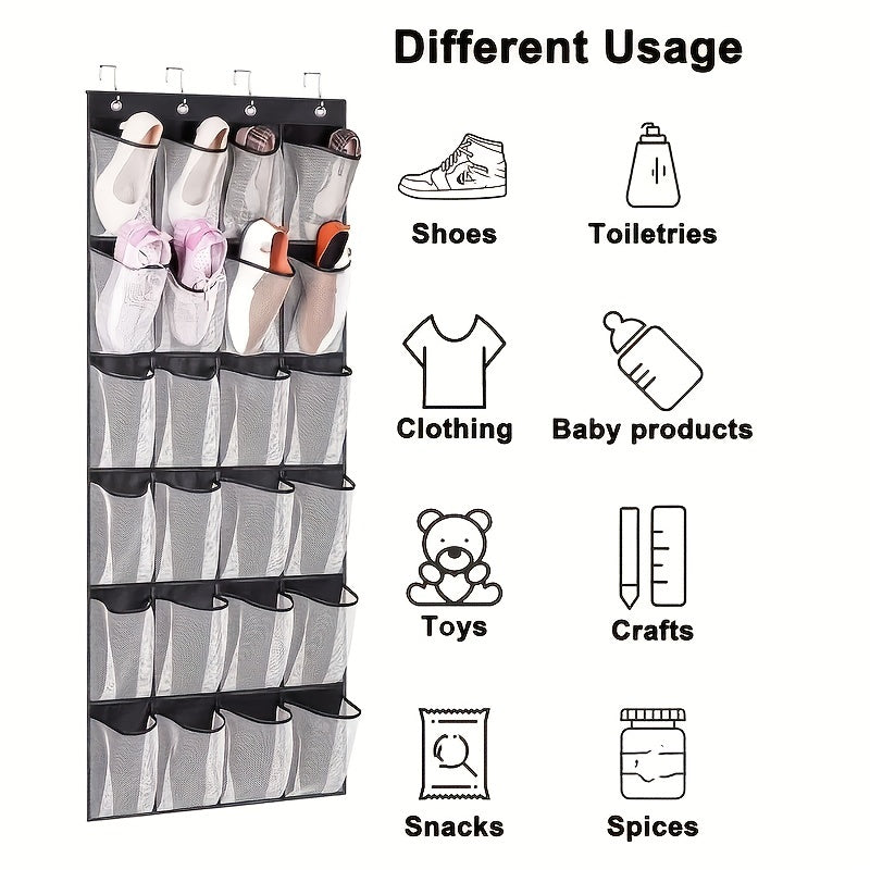 Get organized with our 1-piece over-the-door hanging shoe storage bag featuring 24 mesh pockets. This folding closet storage rack is perfect for storing socks, bras, and other household items, helping you save space in your bedroom, bathroom, office