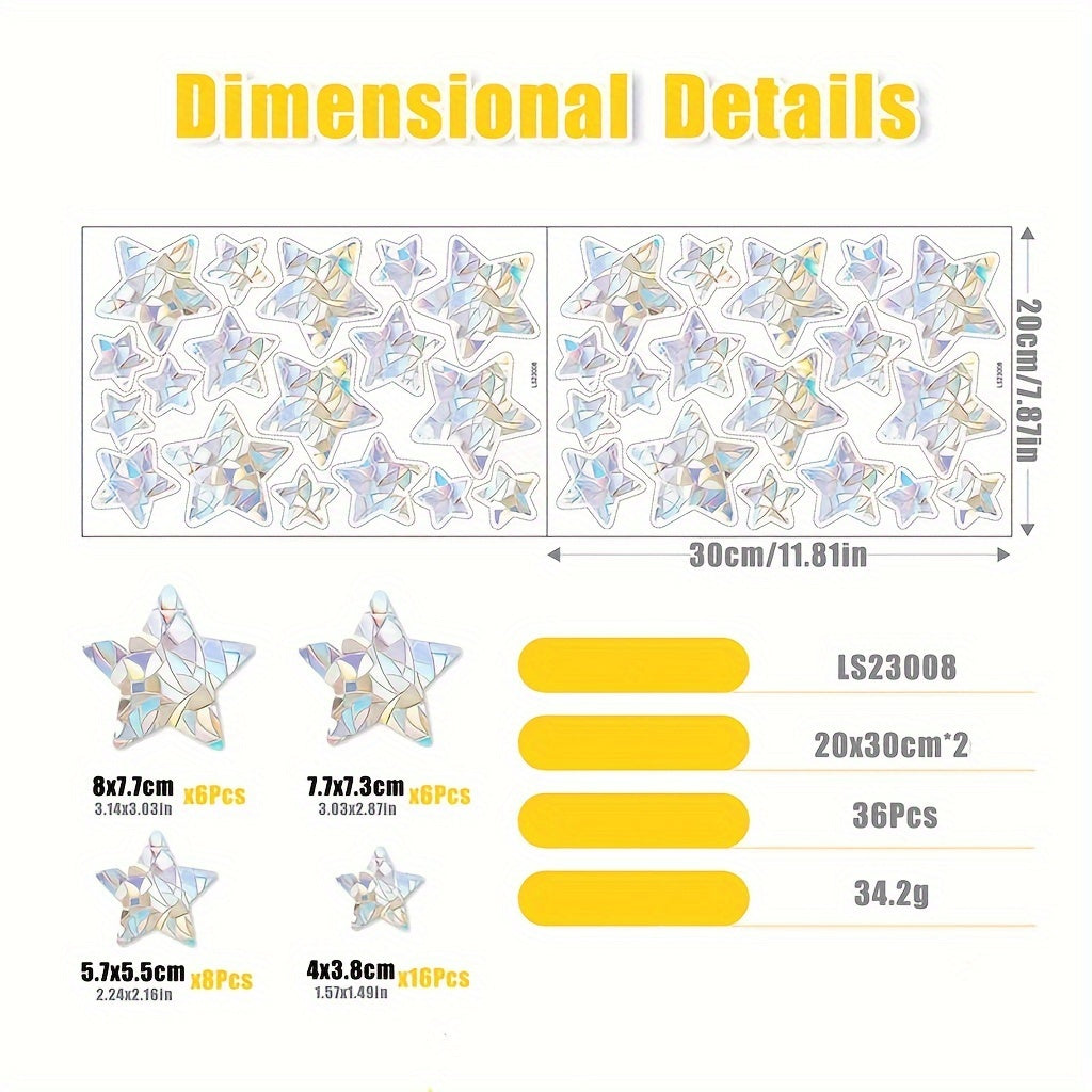 Window decals - 36 pieces of star-shaped anti-collision film designed to prevent bird collisions. These non-adhesive, prismatic vinyl clings are perfect for decorating living rooms, offices, and homes.