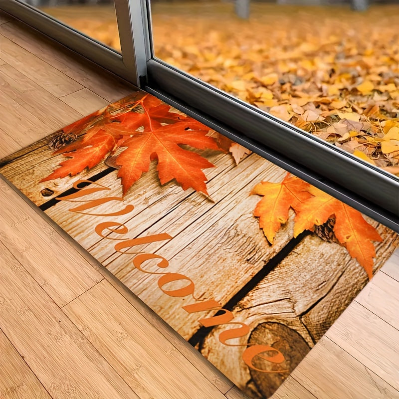 Fall-themed Thanksgiving Doormat featuring Autumn Maple Leaves for Home Decor, Non-Slip Memory Foam Rug for Indoor Use. Made of Washable Polyester with Anti-Skid Backing, Perfect for Kitchen, Bedroom, Living Room, Front Door, and Porch. Machine-Made