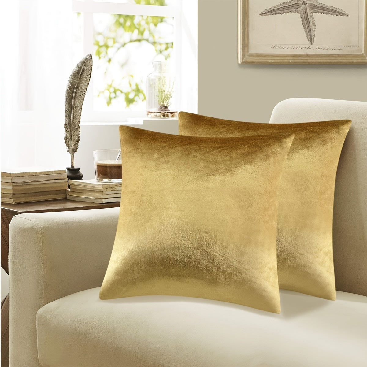 Two golden velvet throw pillow covers, 18x18, for couch or bed.